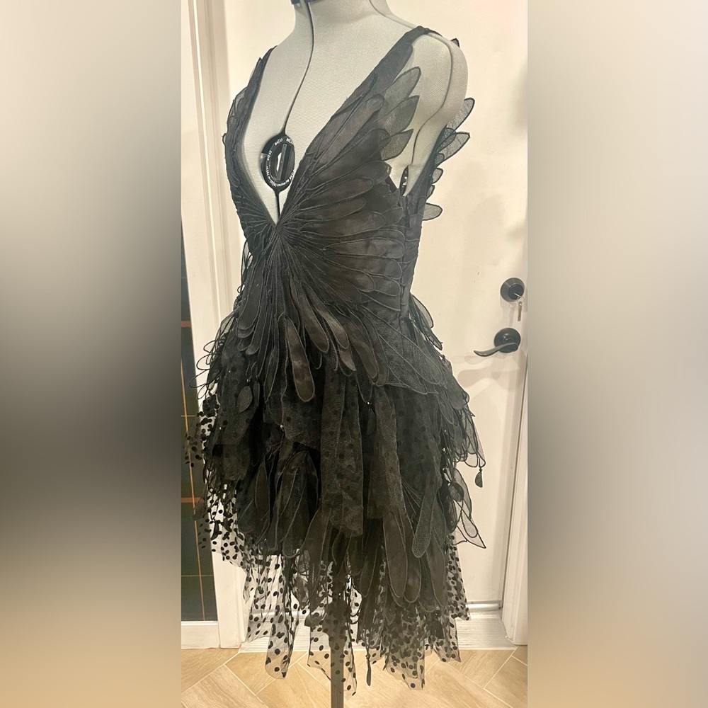 Zimmermann BlackSwan fluted tulle mini dress, feathers, deep plunge, EUC, 0(0-5) - Picture 5 of 16